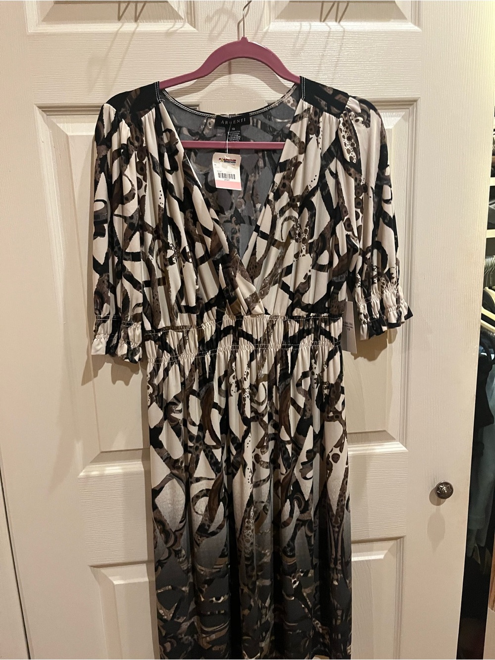 V-Neck Midi Dress in Black and Cream Abstract Print
